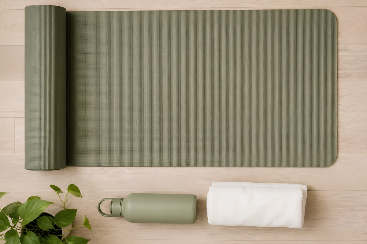 Top-down view of a partially unrolled olive green yoga mat with a matching water bottle, white towel, and potted plant